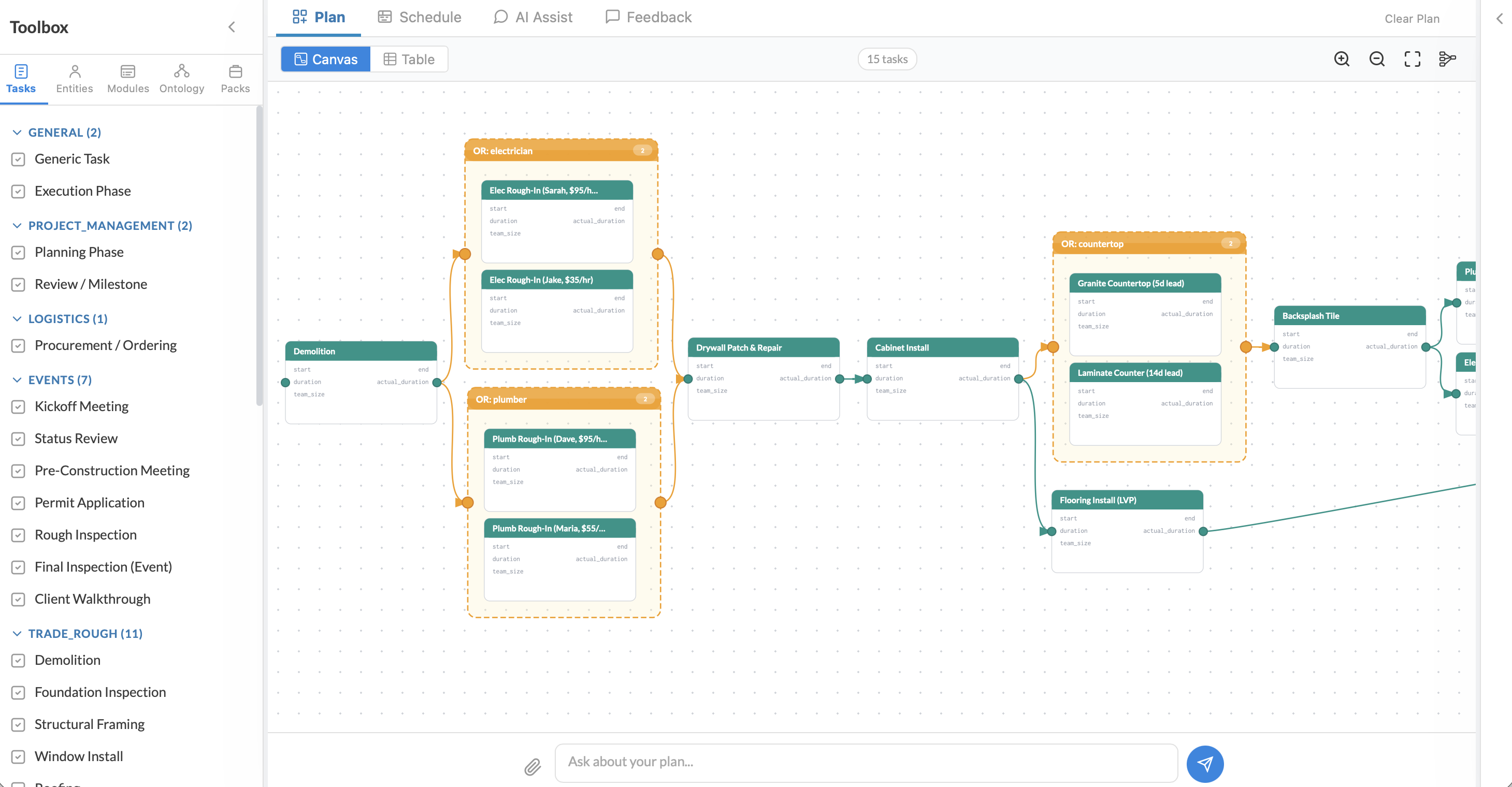 Plan canvas view — drag-and-drop task graph with dependency arrows