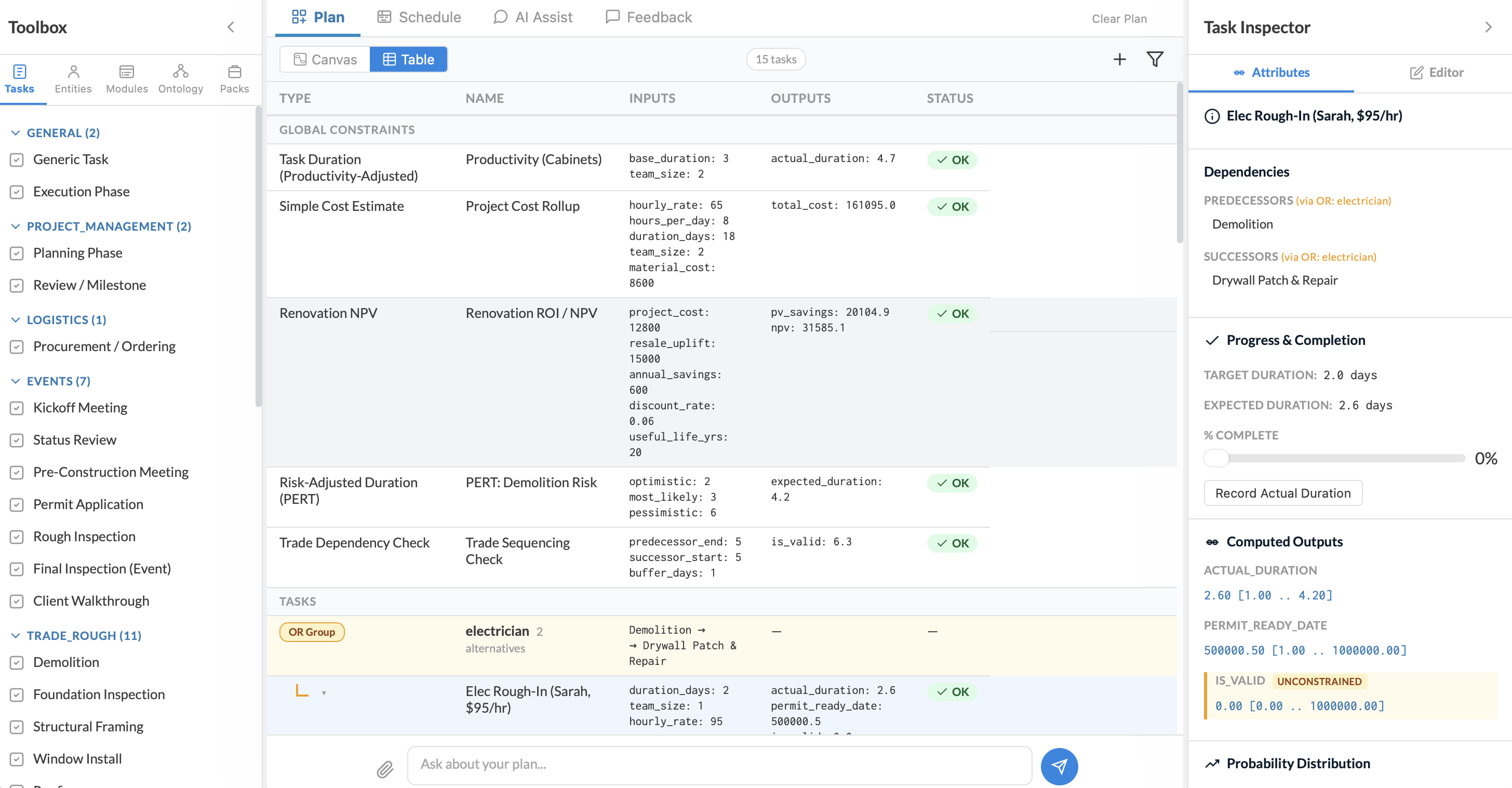 Plan table view — spreadsheet-style editing of tasks and constraints